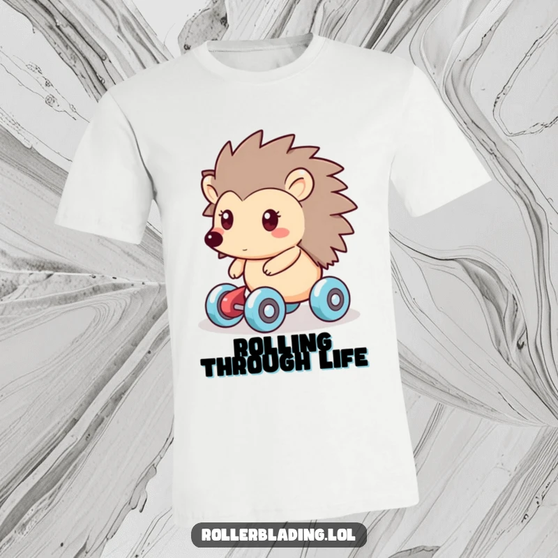 Funny t-shirt depicting a friendly hedgehog smoothly gliding on roller skates with a joyful expression, embodying effortless cool.