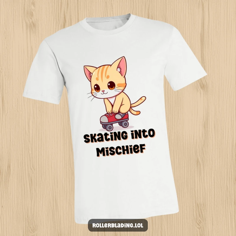 Funny t-shirt graphic of a curious cat leaning forward, balancing precariously on roller skates with focus.