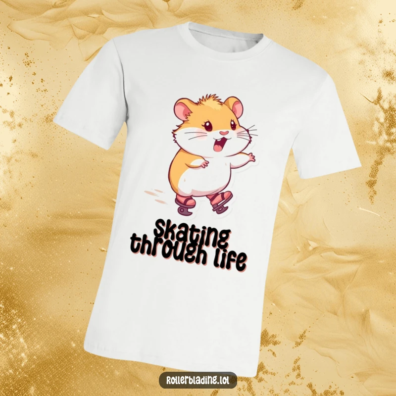 Funny t-shirt with a hamster on tiny skates, zooming forward with pure delight, radiating hilarious joy.