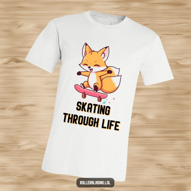 Funny t-shirt featuring an energetic fox performing an impressive skateboard trick, highlighting its cool, playful, and athletic vibe.