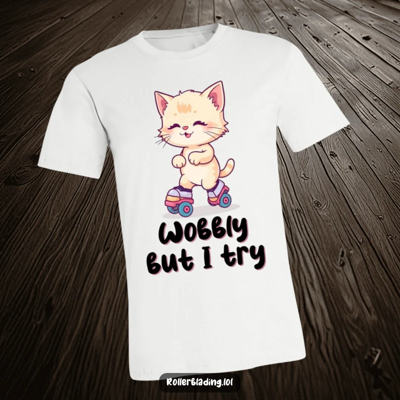 Funny Kitten Roller Skates T-Shirt with a kitten joyfully wobbling on roller skates, embracing the fun.