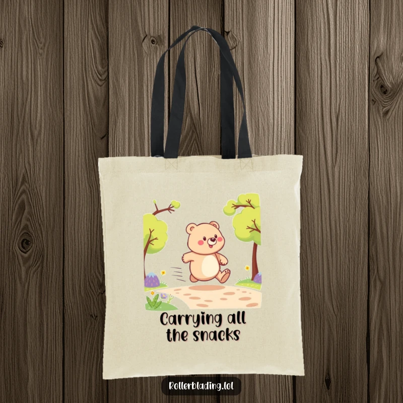 Funny tote bag illustrated with a proud bear comically speeding through a scene, perfect for carrying groceries or chuckles.