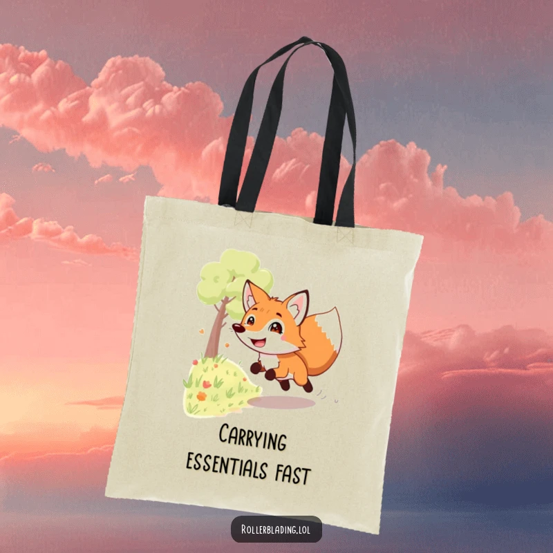 Funny grinning fox tote bag: A playful fox with a wide grin speeds down a path, ready to carry your belongings with speed and style.