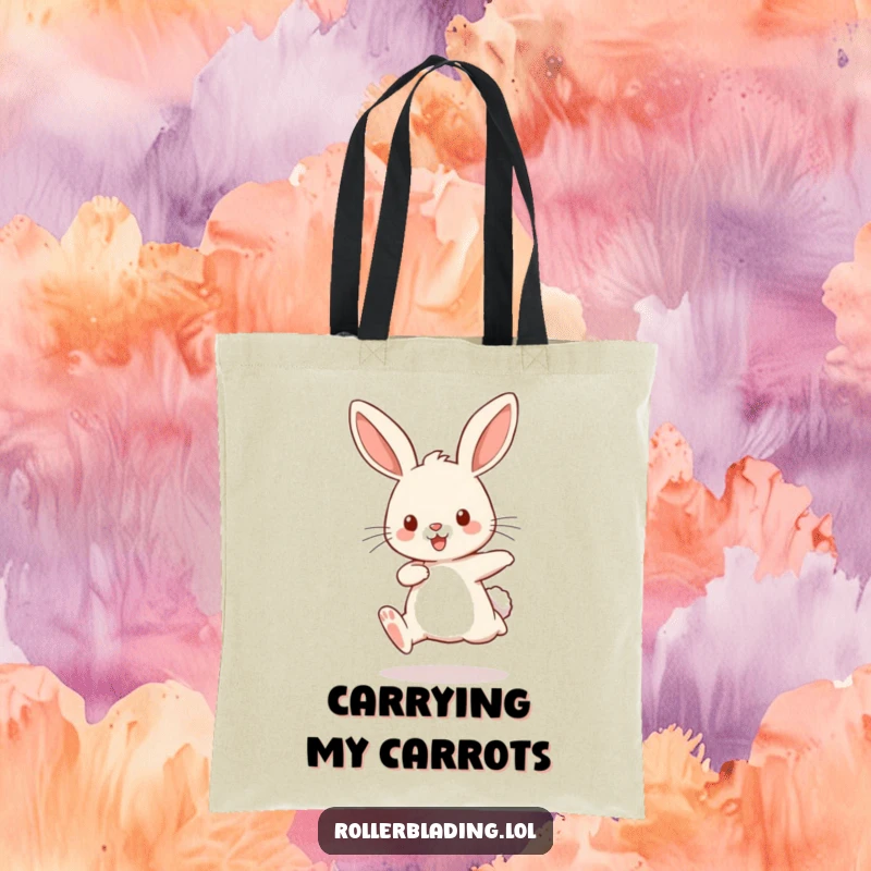 Funny tote bag featuring a playful rabbit comically bouncing with pumping legs, ideal for carrying daily necessities.