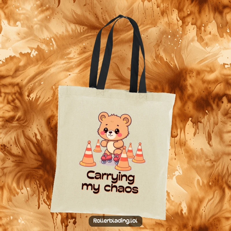 Funny bear cub wobbling on roller skates around traffic cones, a whimsical and humorous tote bag design.