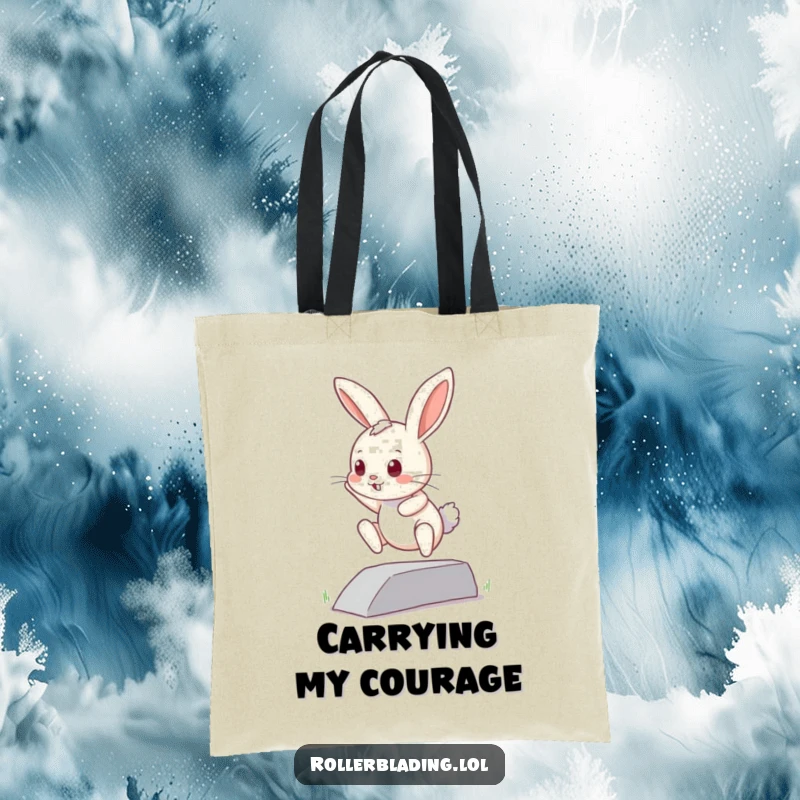 Funny curious bunny tote bag: A small bunny attempts to jump off a curb, ready to carry your items with bravery and charm.