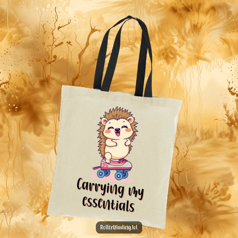 Funny hedgehog giggling on one roller skate, a charming tote bag for shopping or books.
