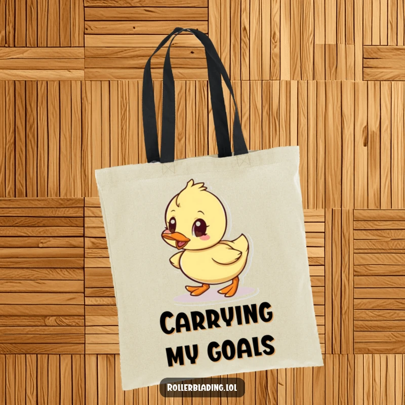 Funny tote bag illustration of a small duck enthusiastically rolling forward with a look of pure determination.