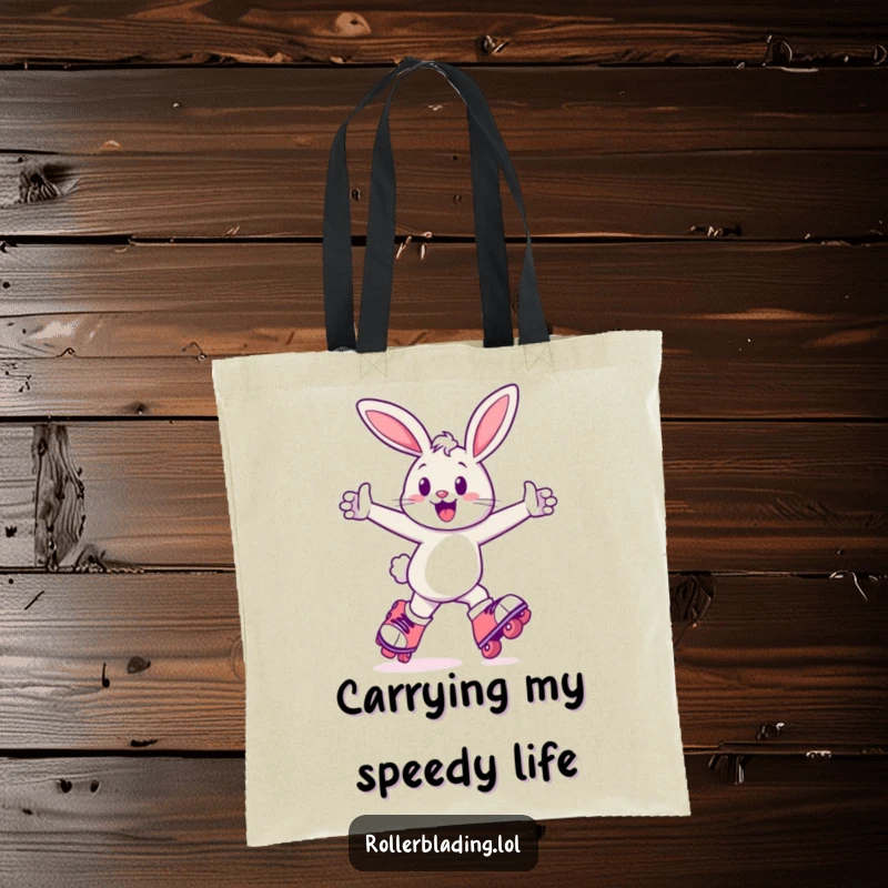 Funny Bunny Tote Bag: A cheerful bunny skates energetically on roller skates, arms pumping, making this a fun and practical carry-all.