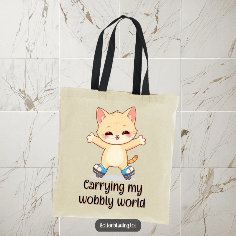 Funny Kitten Tote Bag: A happy kitten wobbles on roller skates, arms outstretched for balance, making this a cute and practical carry-all.