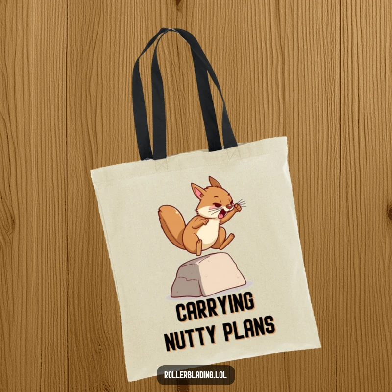Funny tote bag featuring a determined squirrel jumping over a ramp, perfect for carrying items with a dose of motivational humor and ambition.