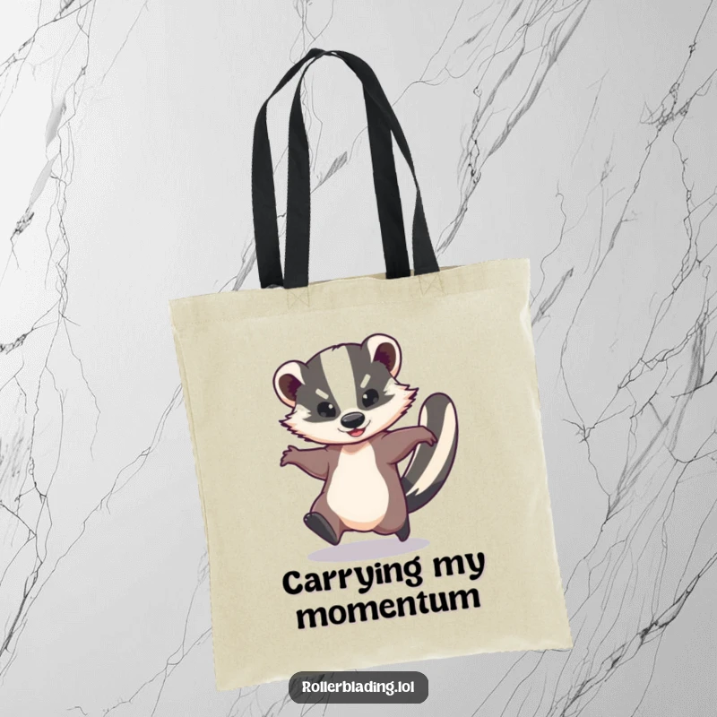 Funny tote bag featuring a graceful badger in a speedy spin, perfect for carrying items with a dose of playful energy and whimsical charm.