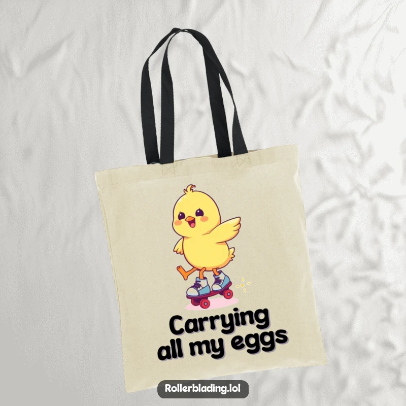 Funny chick in roller skates, mid-jump, with a cheerful expression, perfect for carrying groceries or books.