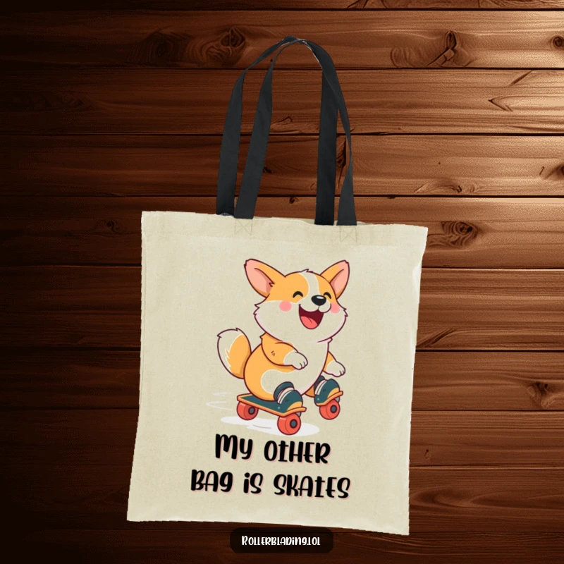 Funny Corgi Tote Bag: A happy corgi roller skating with pure joy, capturing energetic movement and a bouncy spirit for a delightful accessory.