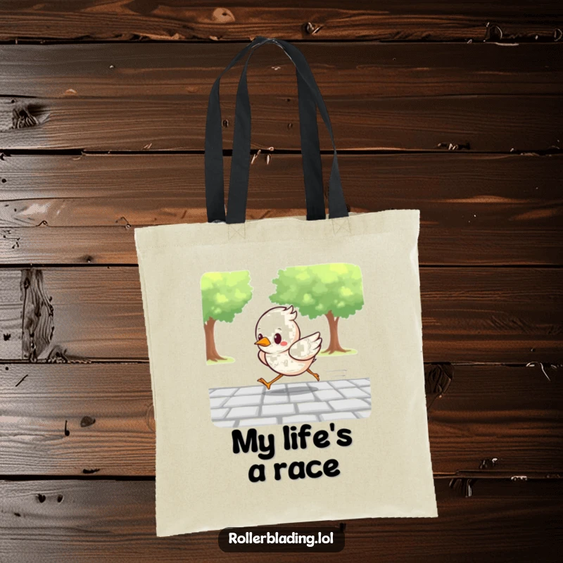 Funny tote bag showcasing a determined bird racing along a paved path, ready to carry your items with speed and focused intent.