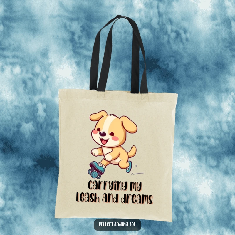 Funny dog tote bag featuring a happy dog performing a graceful glide on roller skates, perfect for groceries or daily errands.