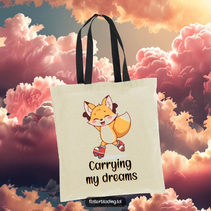 Funny tote bag showcasing a joyful fox spinning with arms up on roller blades, ready for adventure.
