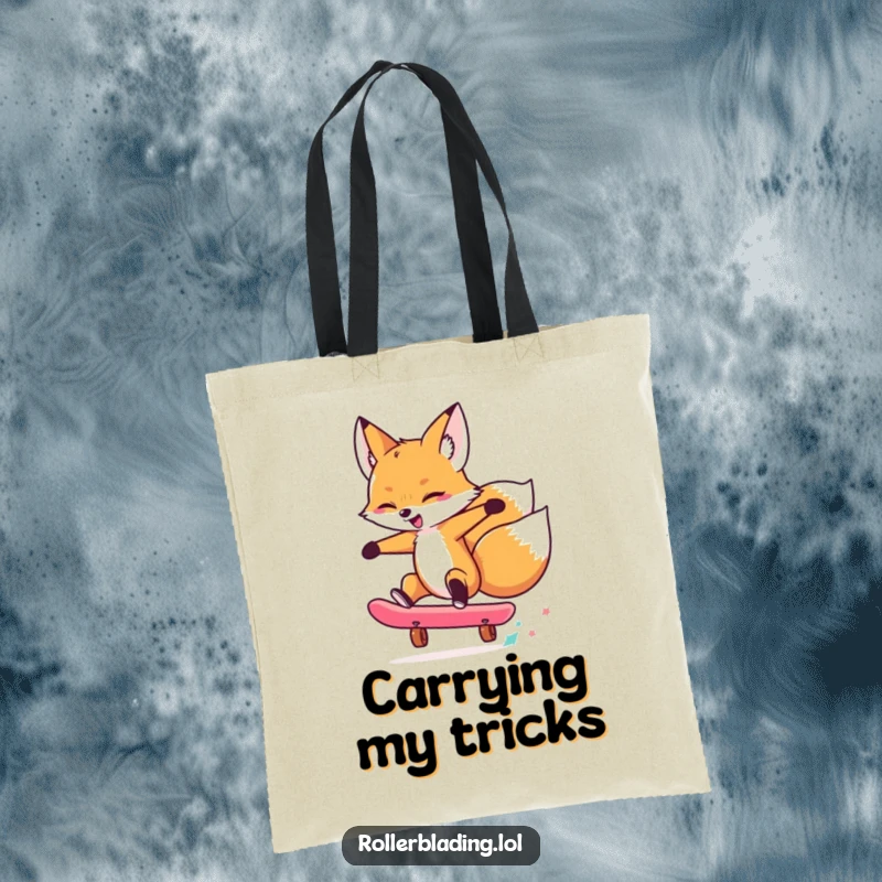 Funny tote bag illustrating a skilled fox performing a cool skateboard trick, emphasizing its energetic and fun-loving character.
