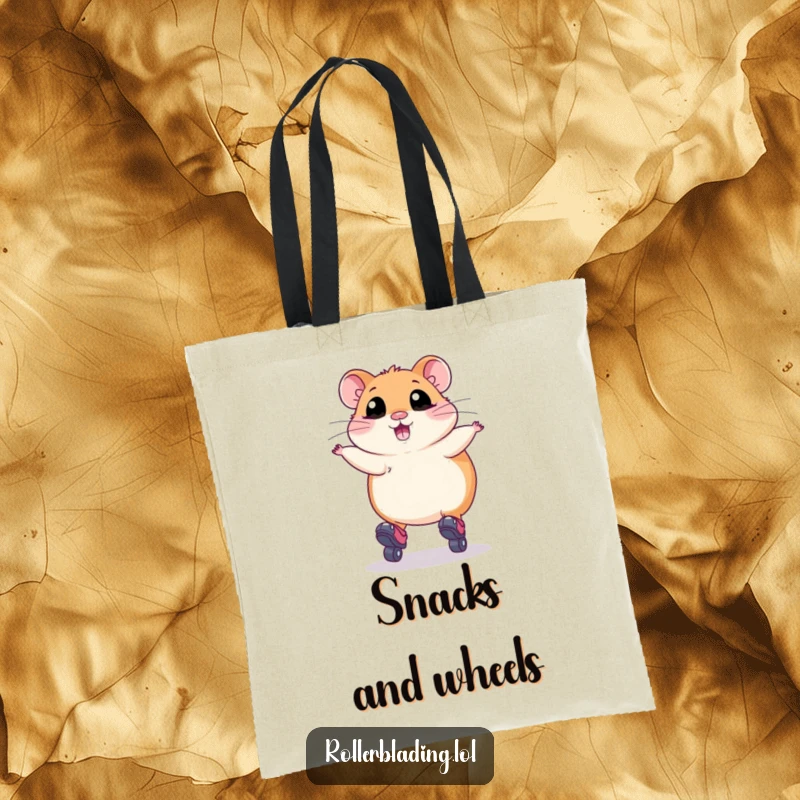 Funny Tote Bag: A plump hamster with wide eyes attempting a jump on roller skates, showcasing hilarious effort and cute determination.