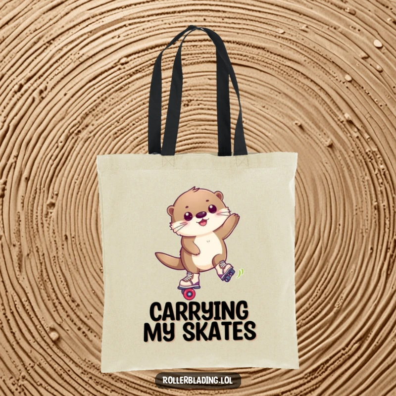 Funny tote bag with a happy, fluffy otter performing a trick maneuver on roller blades, ready for action.