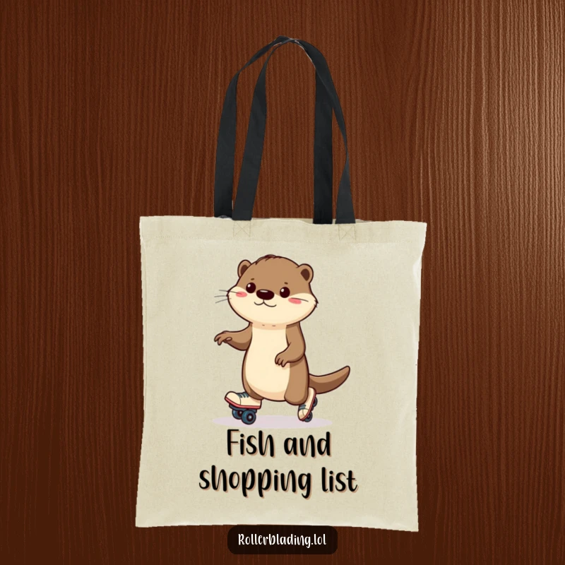 Funny otter tote bag showing a determined otter wobbling slightly on roller skates, ready for errands with a smile.