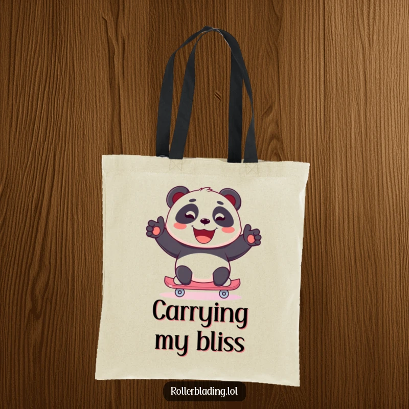 Funny Panda Tote Bag: A joyful panda skates with a wide, beaming smile, ready to carry your items with happiness.
