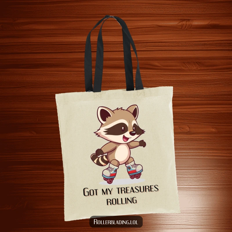Funny tote bag with a mischievous raccoon spinning on roller skates. Practical and humorous.