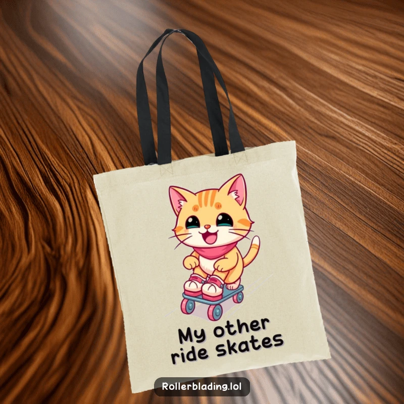Funny roller skating cat tote bag: A joyful cat glides effortlessly on roller skates, ready to carry your items with feline flair.