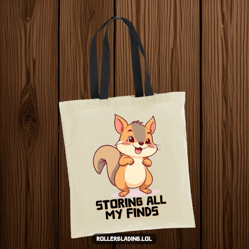 Funny mischievous squirrel pushing off with both feet on roller skates, a tote bag for carrying essentials.