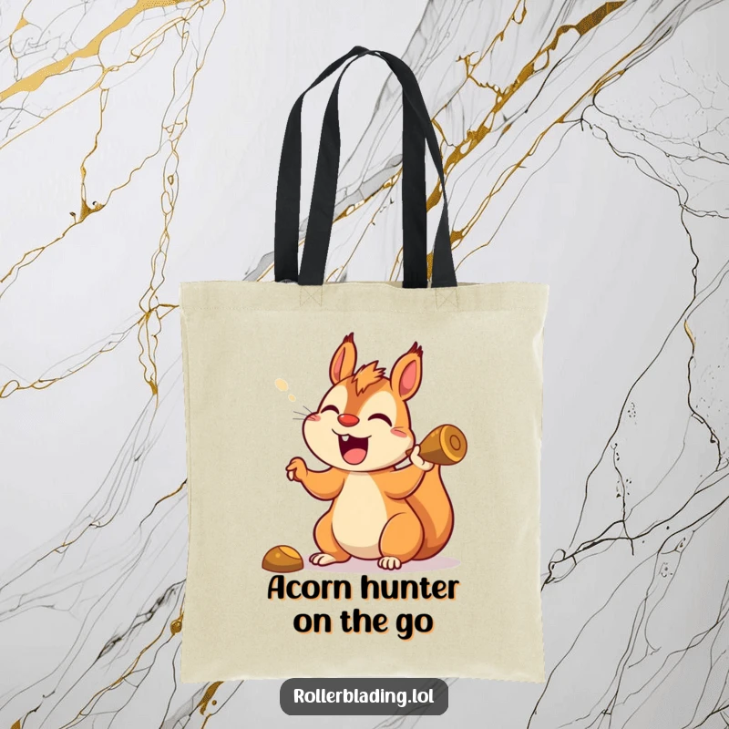 Funny squirrel tote bag showing a happy, yelling squirrel expertly taking a sharp corner, great for shoppers.
