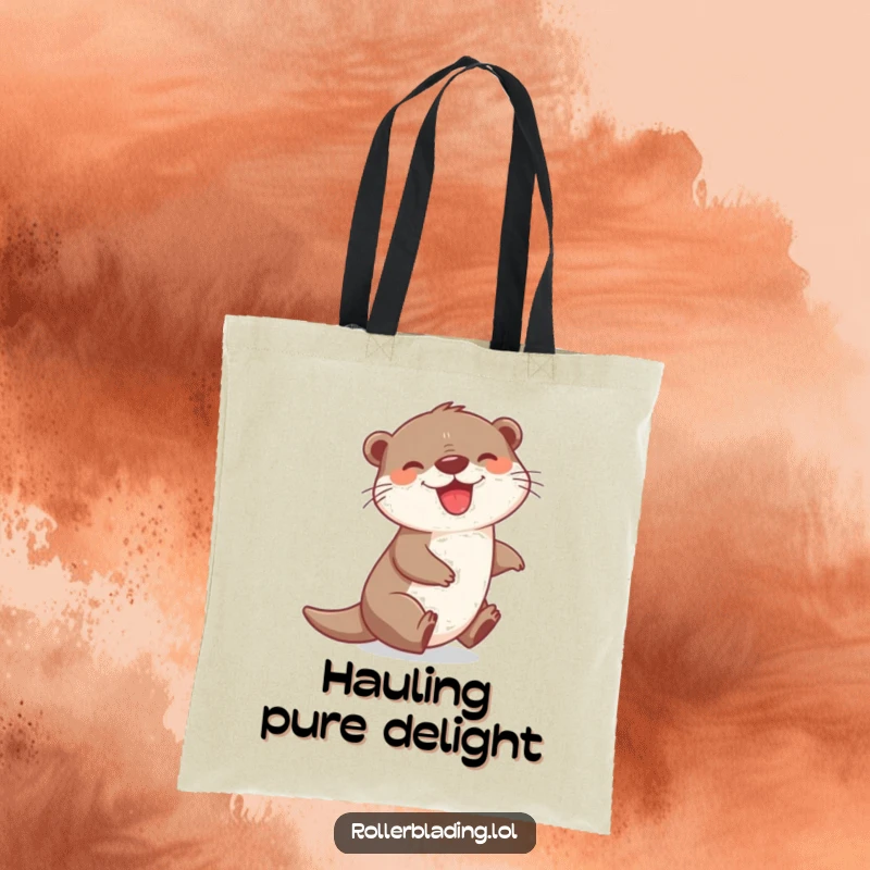 Funny tote bag featuring a joyful otter zipping around, grinning broadly, perfect for carrying items with a dose of pure, unbridled happiness.