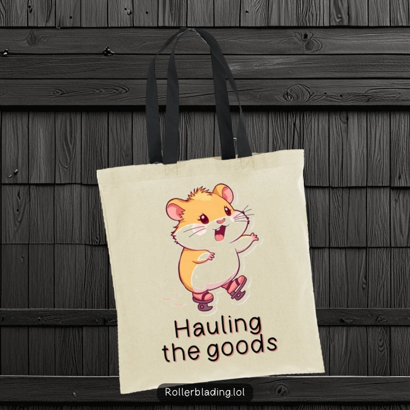 Funny tote bag with a hamster on tiny skates, zooming forward with delight, perfect for carrying essentials humorously.