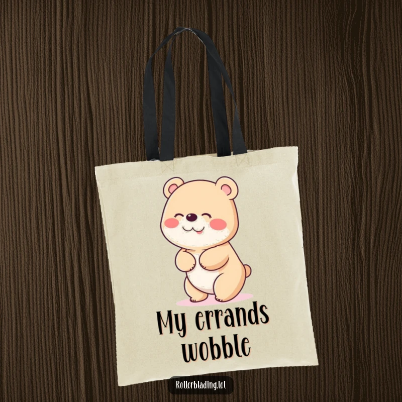 Funny tote bag with a giggling bear comically wobbling while trying to stop, showcasing a joyful and slightly chaotic personality.
