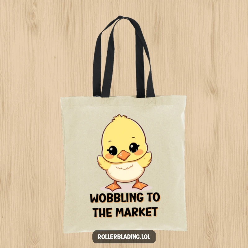 Funny wobbly duckling tote bag with a cute duckling wobbling unsteadily, humorous and practical carrying solution.